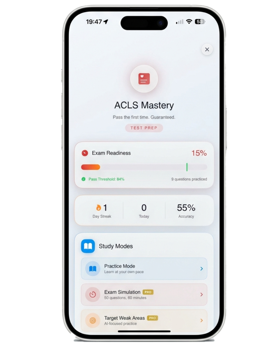 ACLS Mastery test prep with exam simulation, practice mode, and progress tracking