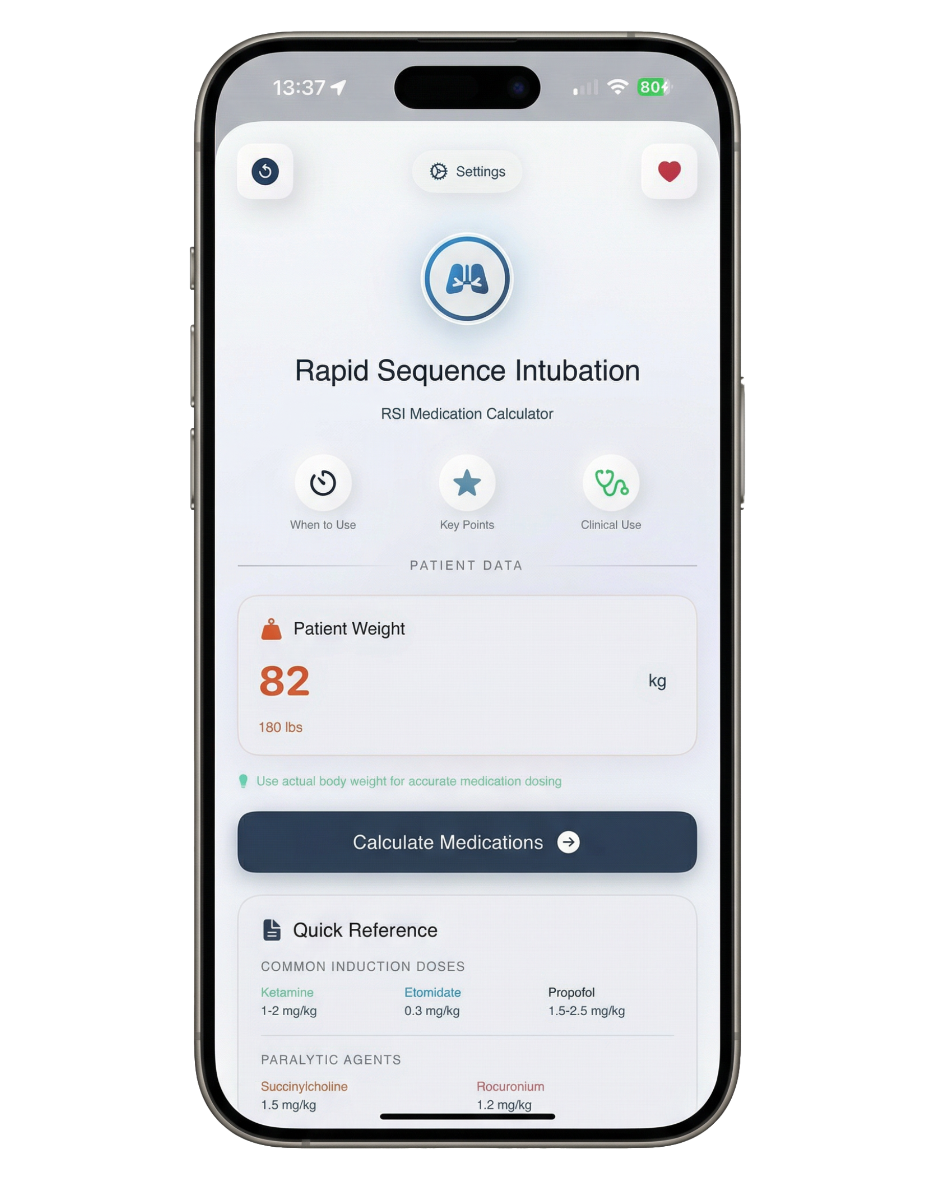 RSI Medication Calculator with weight-based dosing for ketamine, etomidate, propofol, succinylcholine, rocuronium